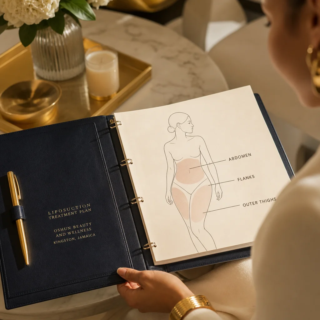 A Liposuction treatment plan written by hand on a leather portfolio at the Oshun clinic in Kingston, Jamaica