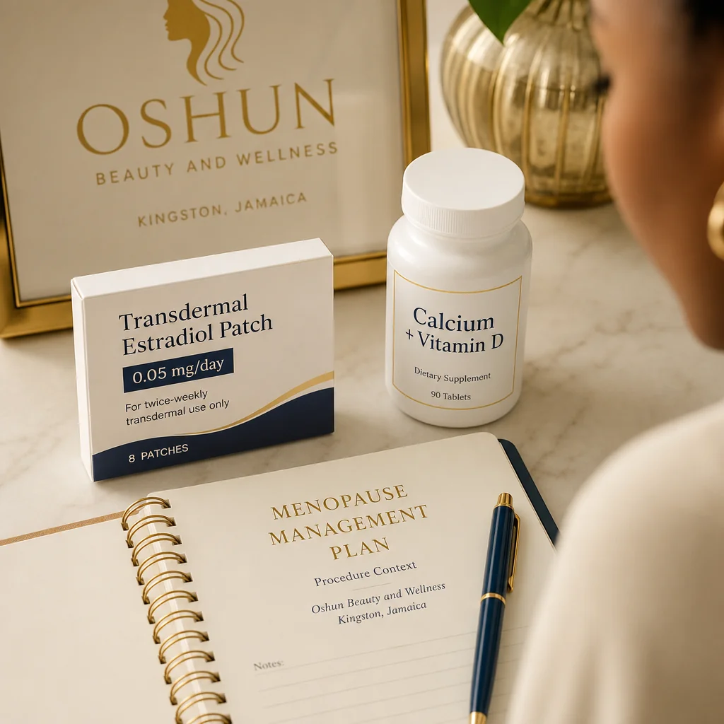 Reference materials and a Menopause Management care plan in a leather portfolio at the Oshun clinic in Kingston, Jamaica