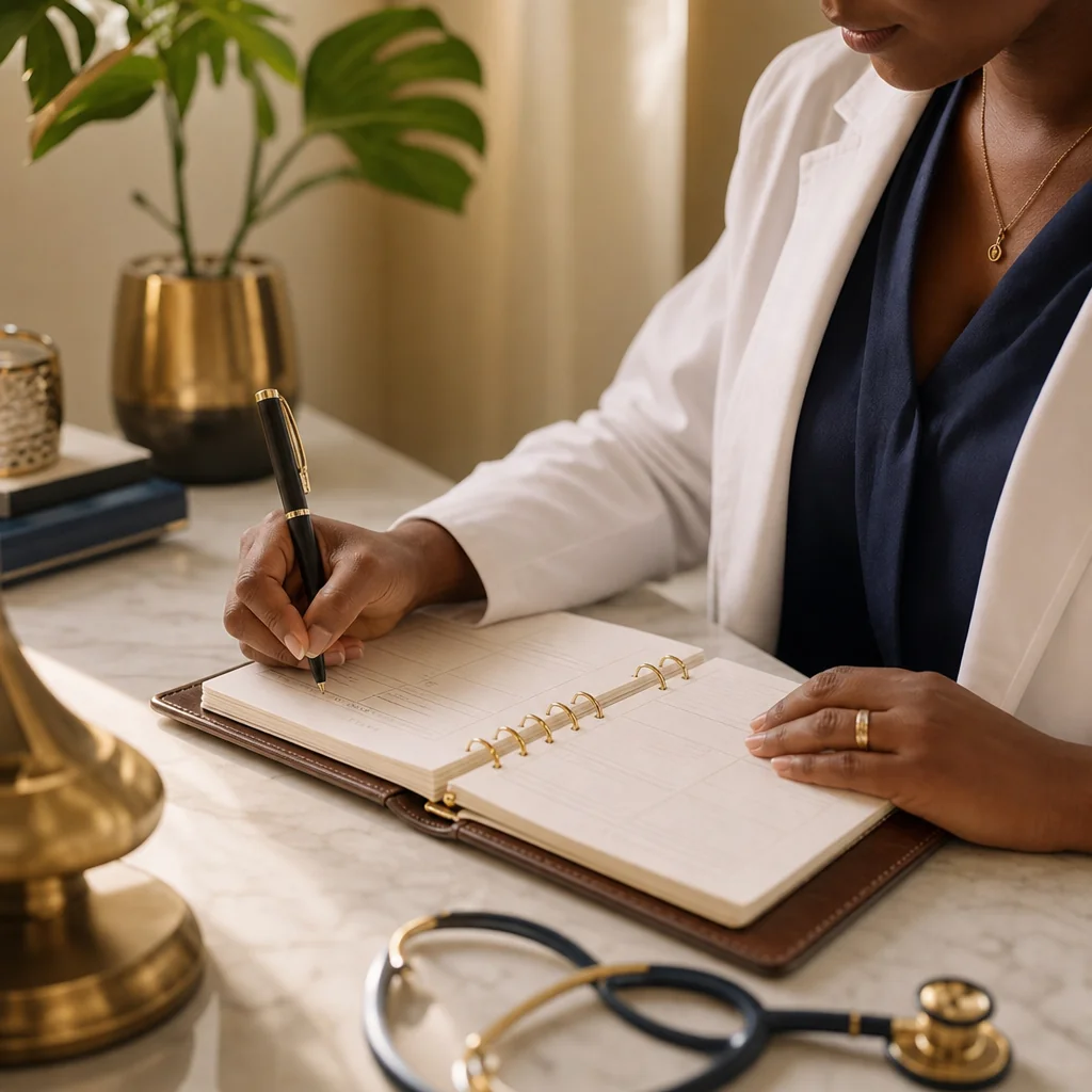 Physician's gloved hands during a Menopause Management appointment at the Oshun clinic in Kingston, Jamaica