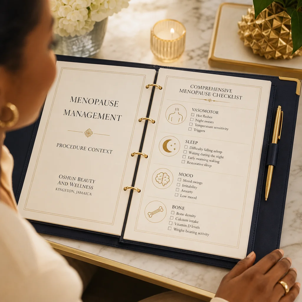 A Menopause Management treatment plan written by hand on a leather portfolio at the Oshun clinic in Kingston, Jamaica