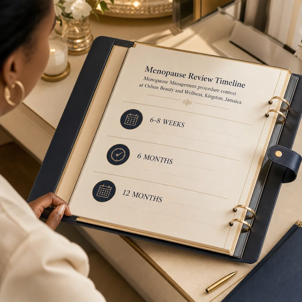 A leather-bound planner tracking the Menopause Management recovery and follow-up schedule at Oshun in Kingston, Jamaica