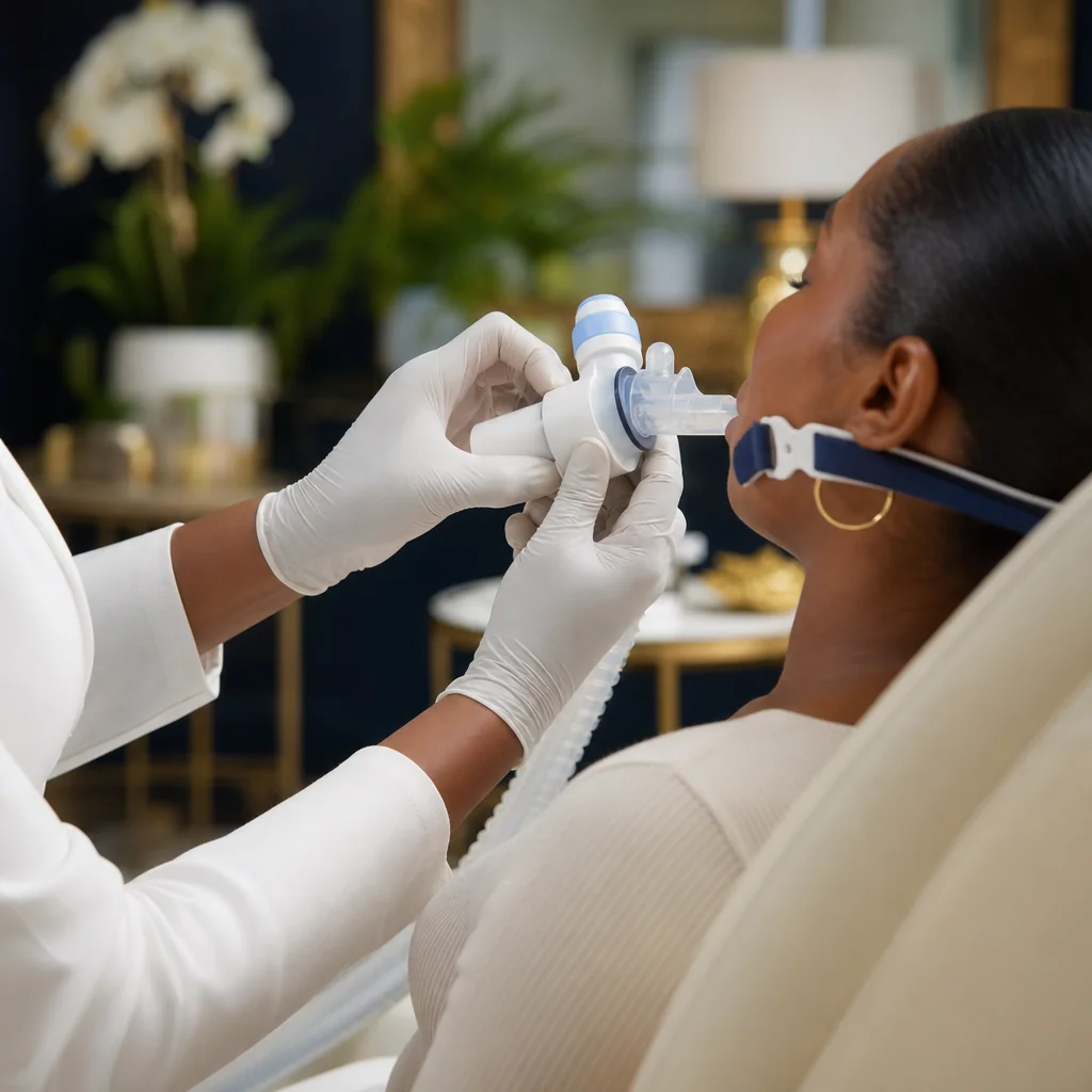 Physician's gloved hands during a Metabolic Testing appointment at the Oshun clinic in Kingston, Jamaica