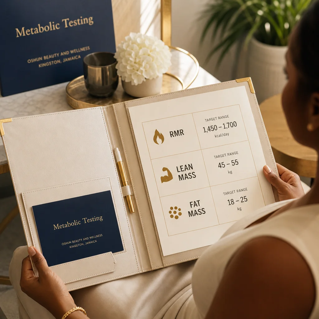 A Metabolic Testing treatment plan written by hand on a leather portfolio at the Oshun clinic in Kingston, Jamaica