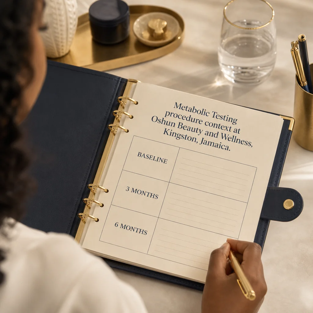 A leather-bound planner tracking the Metabolic Testing recovery and follow-up schedule at Oshun in Kingston, Jamaica