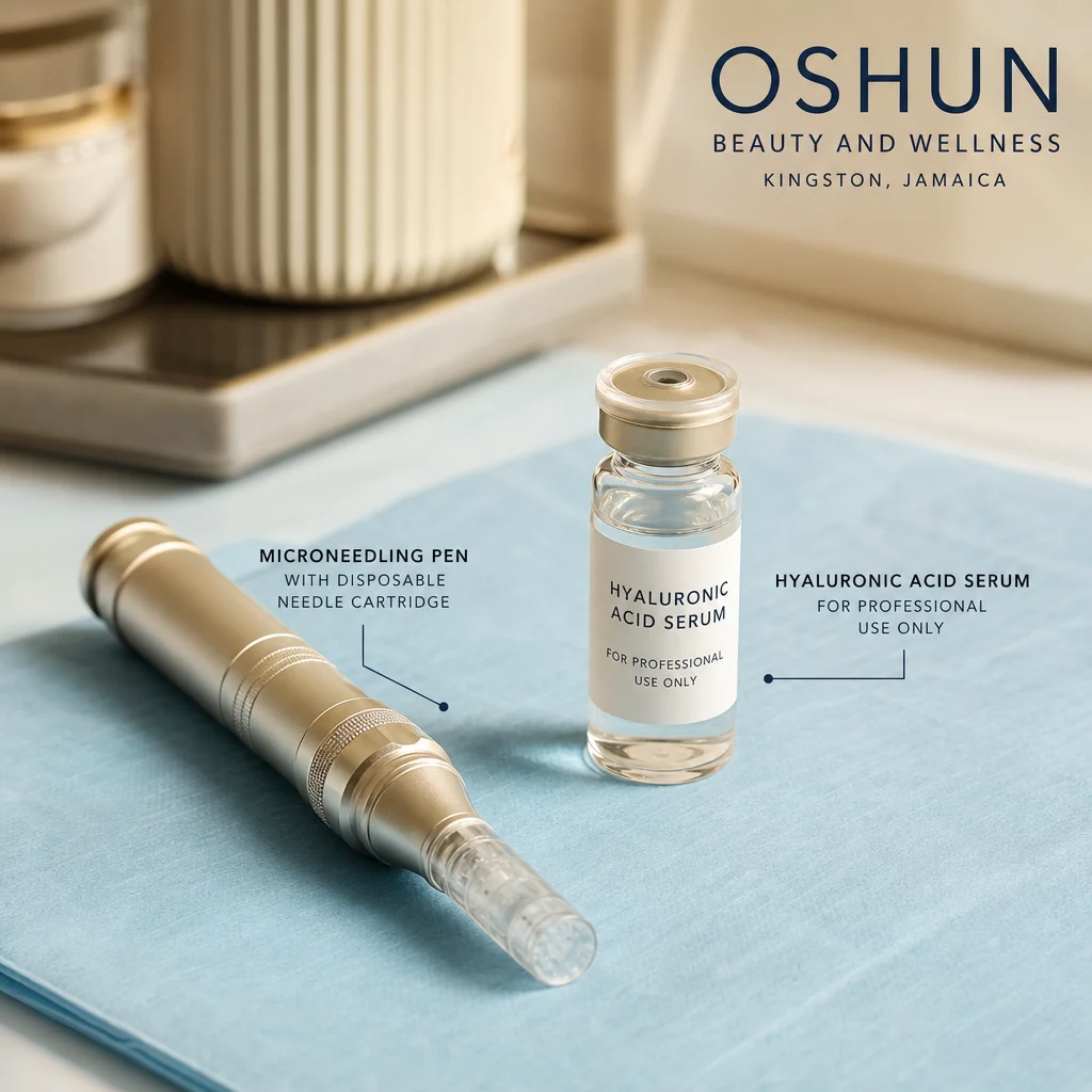 Reference materials and a Microneedling care plan in a leather portfolio at the Oshun clinic in Kingston, Jamaica