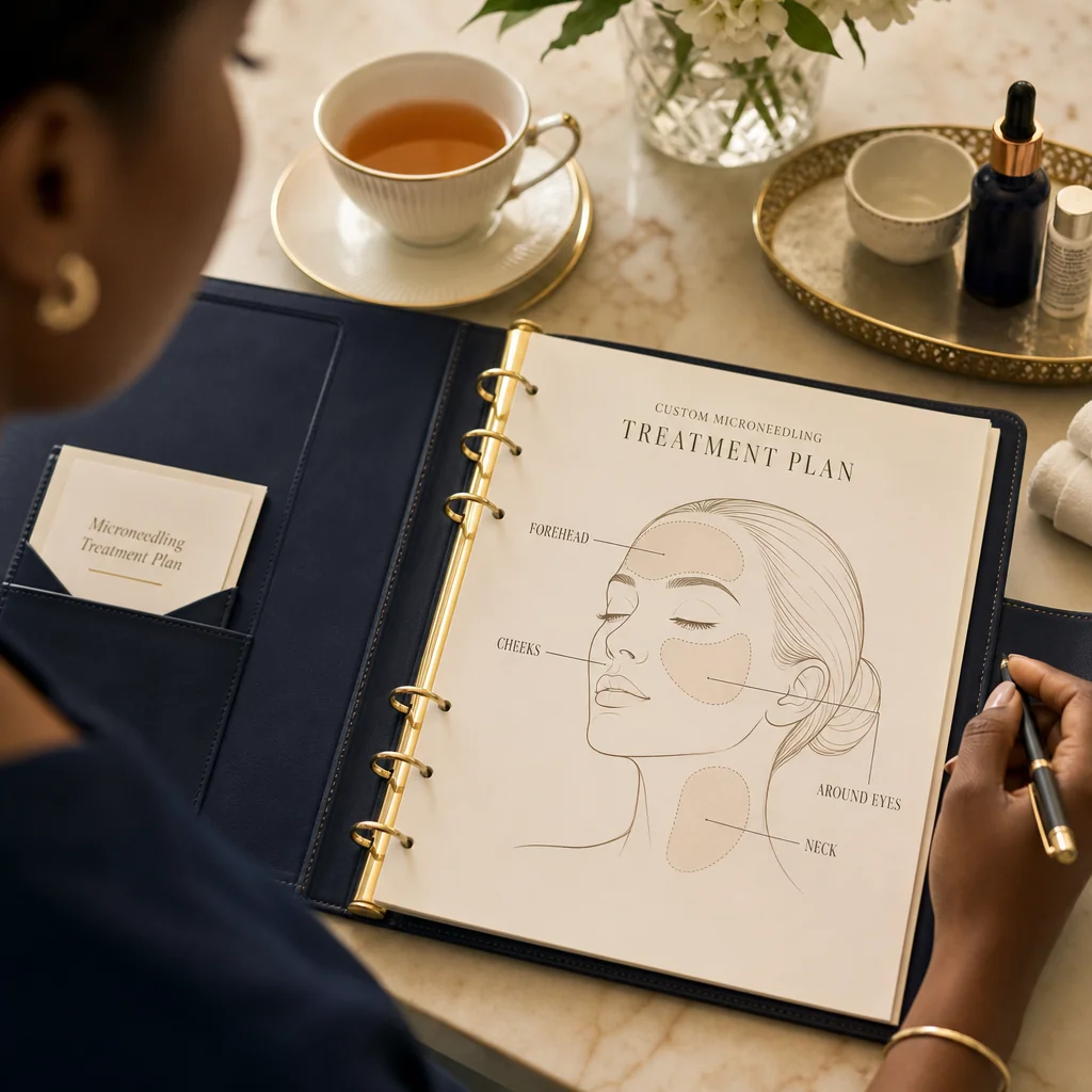 A Microneedling treatment plan written by hand on a leather portfolio at the Oshun clinic in Kingston, Jamaica