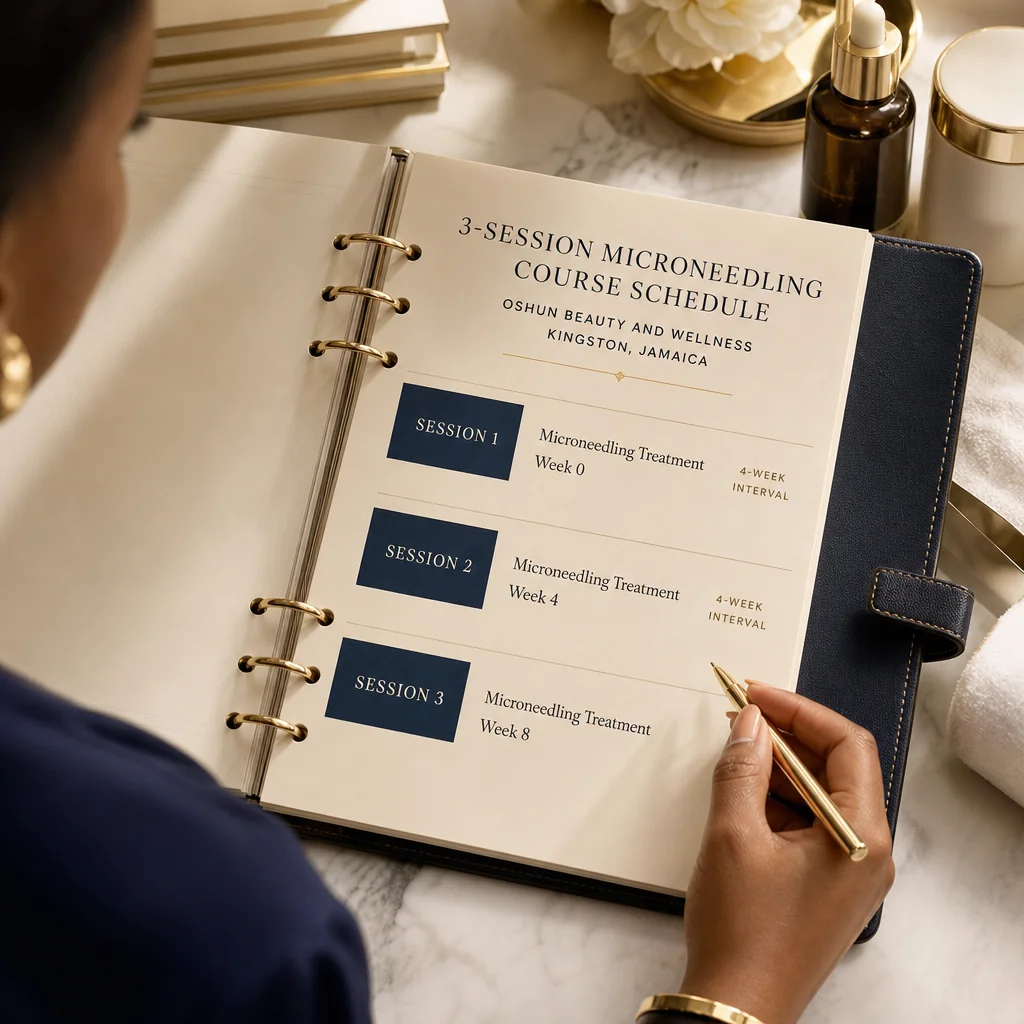 A leather-bound planner tracking the Microneedling recovery and follow-up schedule at Oshun in Kingston, Jamaica