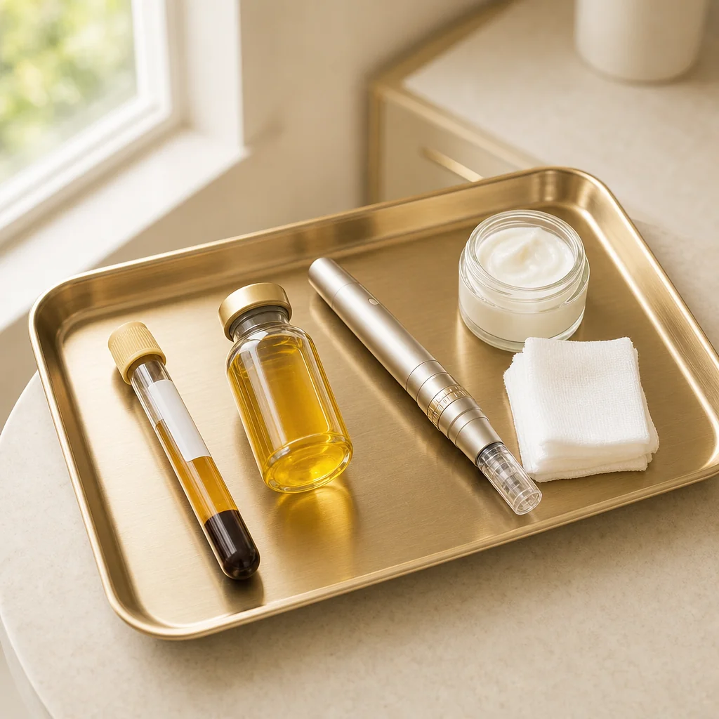 An overhead view of a brushed-gold clinical tray at Oshun with a blood-draw tube, a sterile PRP vial, swab packets, and gauze ready for the Microneedling with PRP session