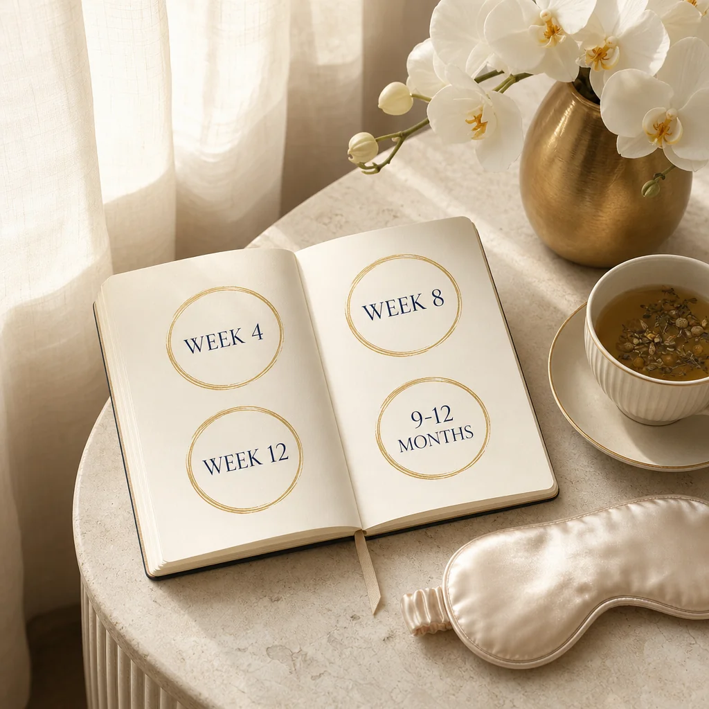 A planner with Week 4, Week 8, Week 12, and 12-18 Months circled in gold ink, beside herbal tea and a white orchid — the Microneedling with PRP build-up timeline