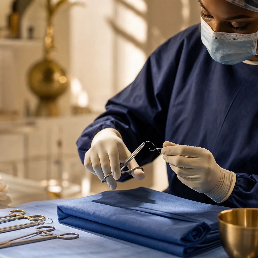 Physician's gloved hands during a Myomectomy appointment at the Oshun clinic in Kingston, Jamaica