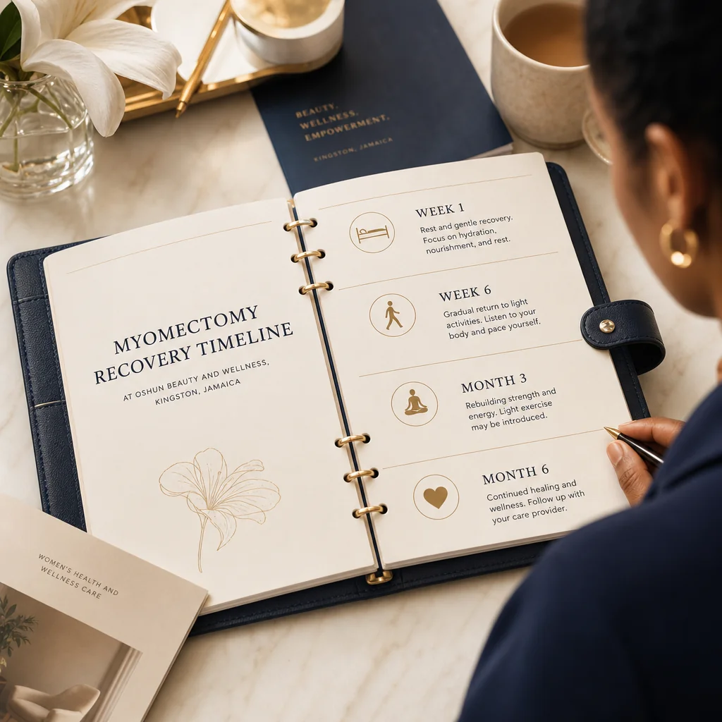 A leather-bound planner tracking the Myomectomy recovery and follow-up schedule at Oshun in Kingston, Jamaica