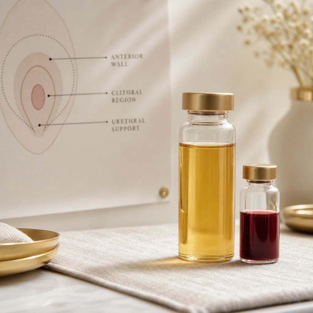 A vial of golden PRP plasma beside a tasteful abstract anatomical reference showing three injection target zones at the Oshun clinic in Kingston, Jamaica
