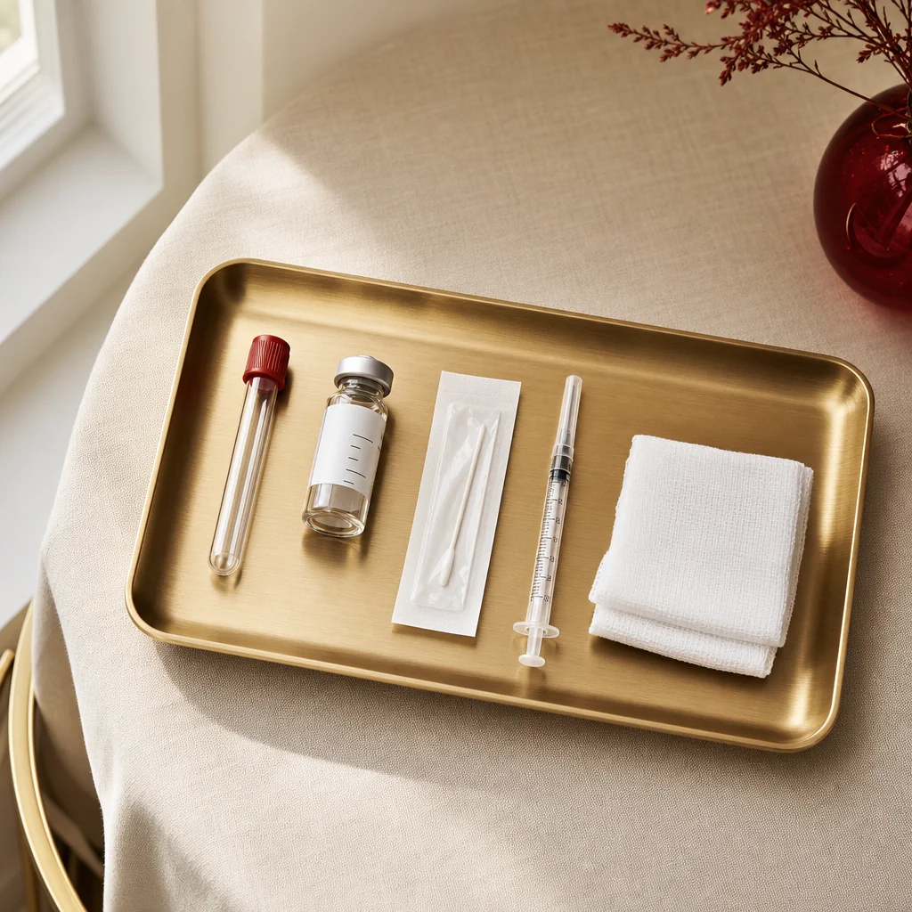 An overhead view of a brushed-gold clinical tray at Oshun with a blood-draw tube, a sterile PRP vial, swab packets, and gauze ready for the O-Shot session