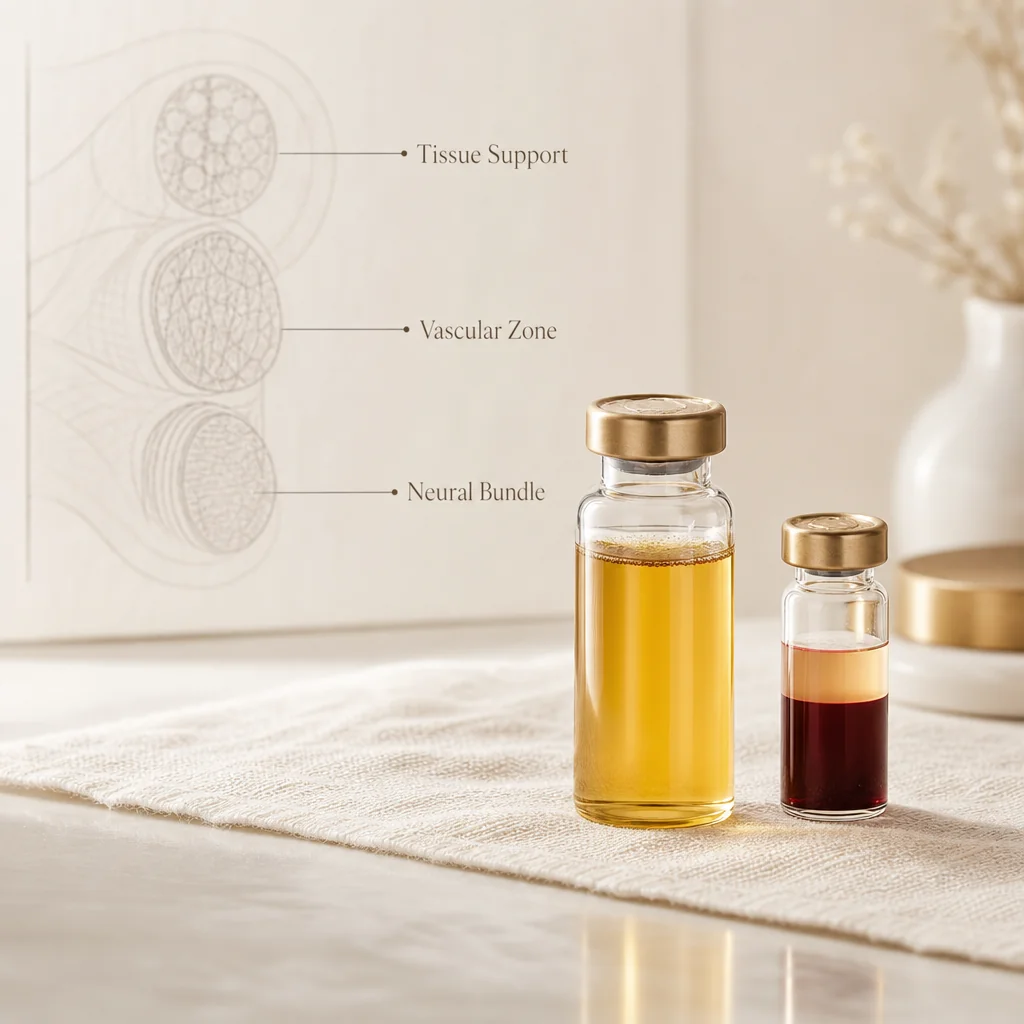 A vial of golden PRP plasma beside a tasteful abstract anatomical reference showing three injection target zones at the Oshun clinic in Kingston, Jamaica