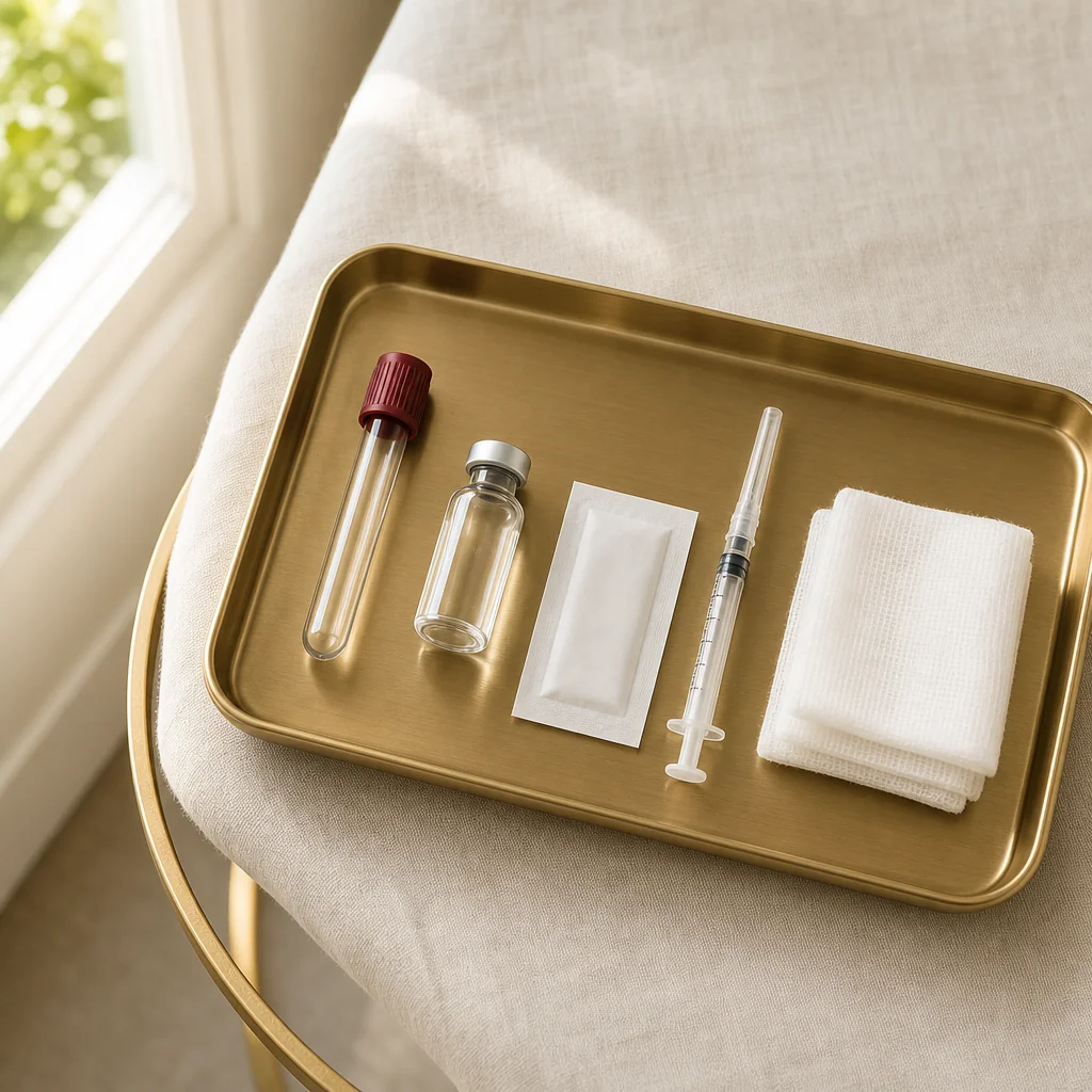 An overhead view of a brushed-gold clinical tray at Oshun with a blood-draw tube, a sterile PRP vial, swab packets, and gauze ready for the P-Shot session