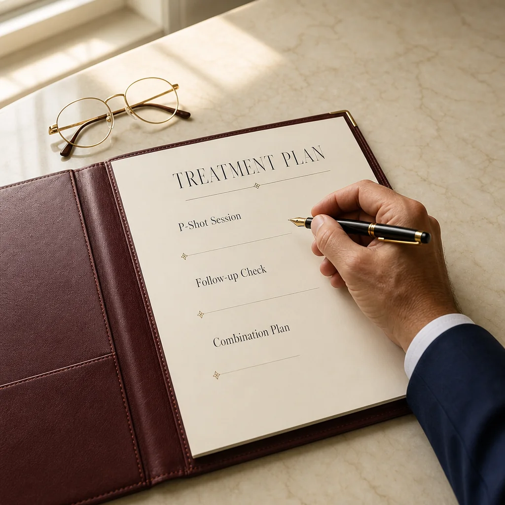 A physician's hand writing a P-Shot treatment plan on a leather portfolio with sections for the session, follow-up check, and reversal plan