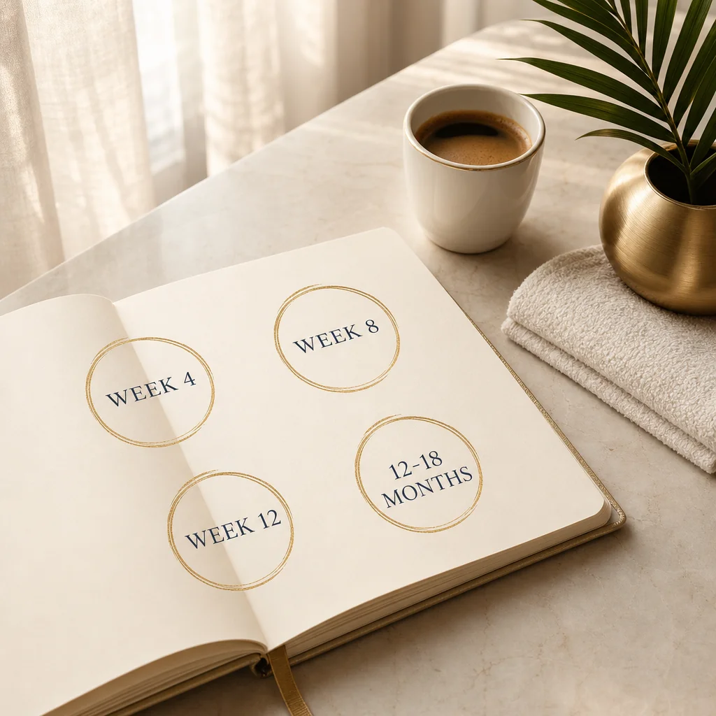 A planner with Week 4, Week 8, Week 12, and 12-18 Months circled in gold ink, beside herbal tea and a white orchid — the P-Shot build-up timeline