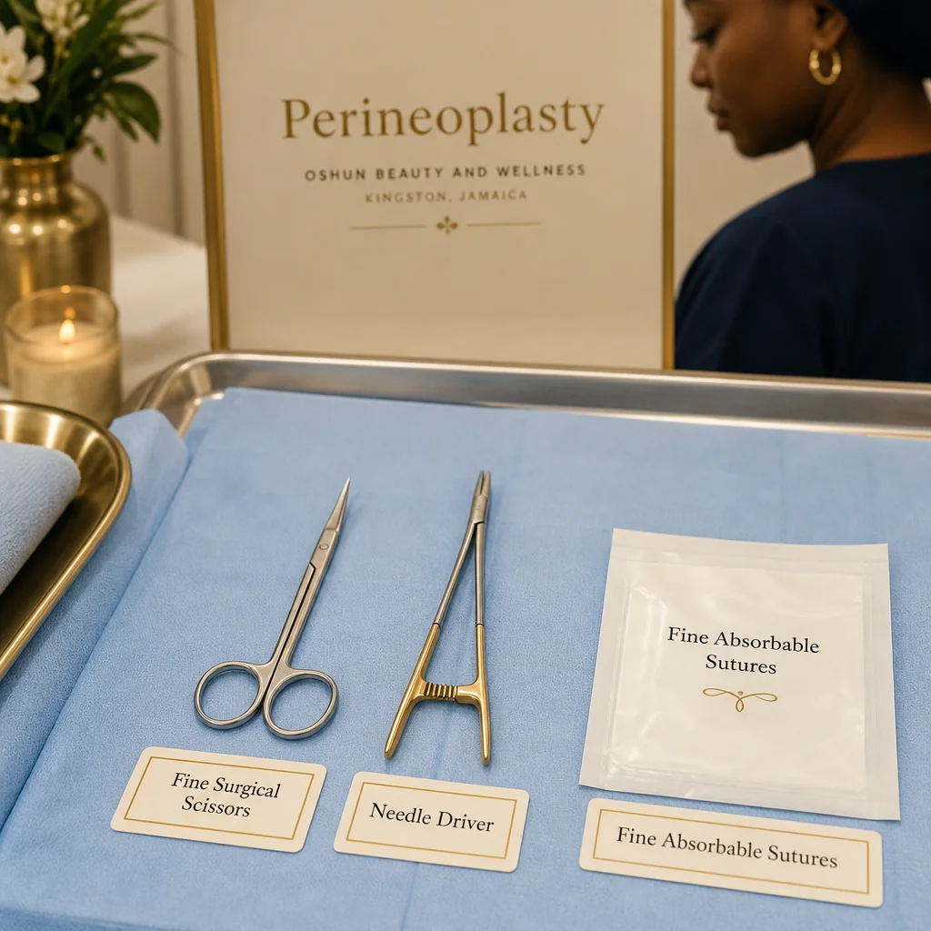 Reference materials and a Perineoplasty care plan in a leather portfolio at the Oshun clinic in Kingston, Jamaica