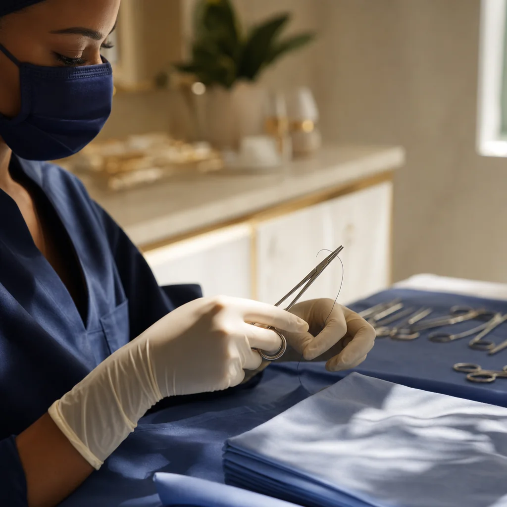 Physician's gloved hands during a Perineoplasty appointment at the Oshun clinic in Kingston, Jamaica