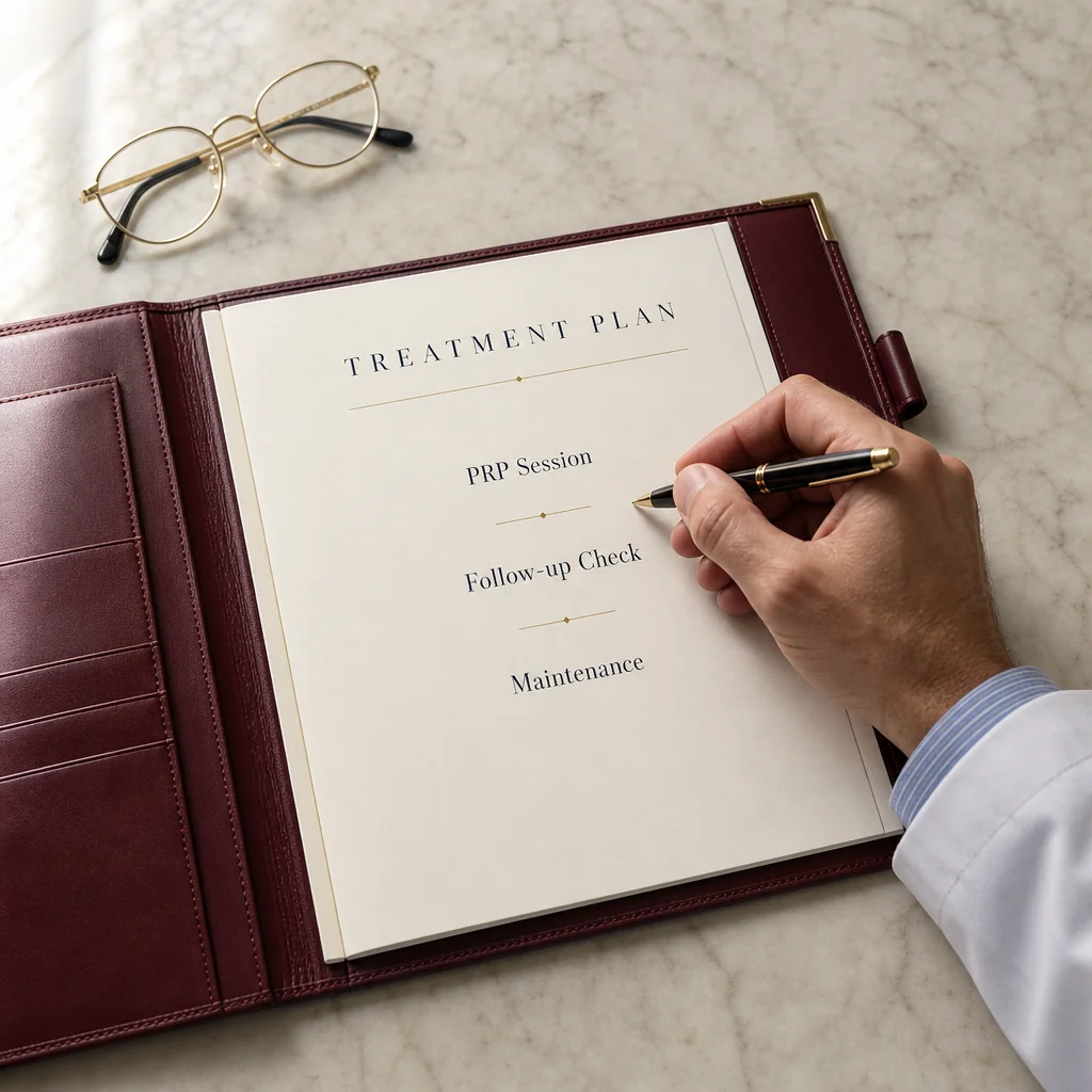 Physician's hand writing a PRP Breast Lift Treatment Plan with per-area ml fields (Lips, Cheeks, Nasolabial Folds, Jawline, Marionette Lines) on a leather portfolio
