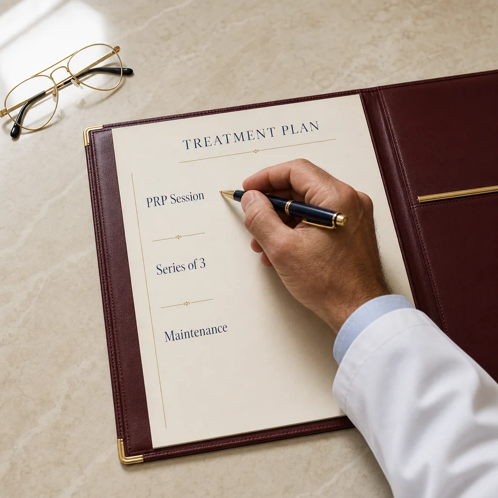 A physician's hand writing a PRP Facial treatment plan on a leather portfolio with sections for the session, follow-up check, and reversal plan