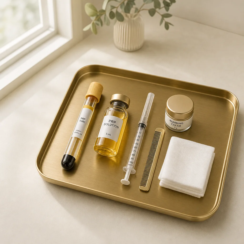 An overhead view of a brushed-gold clinical tray at Oshun with a blood-draw tube, a sterile PRP vial, swab packets, and gauze ready for the PRP Hair Restoration session