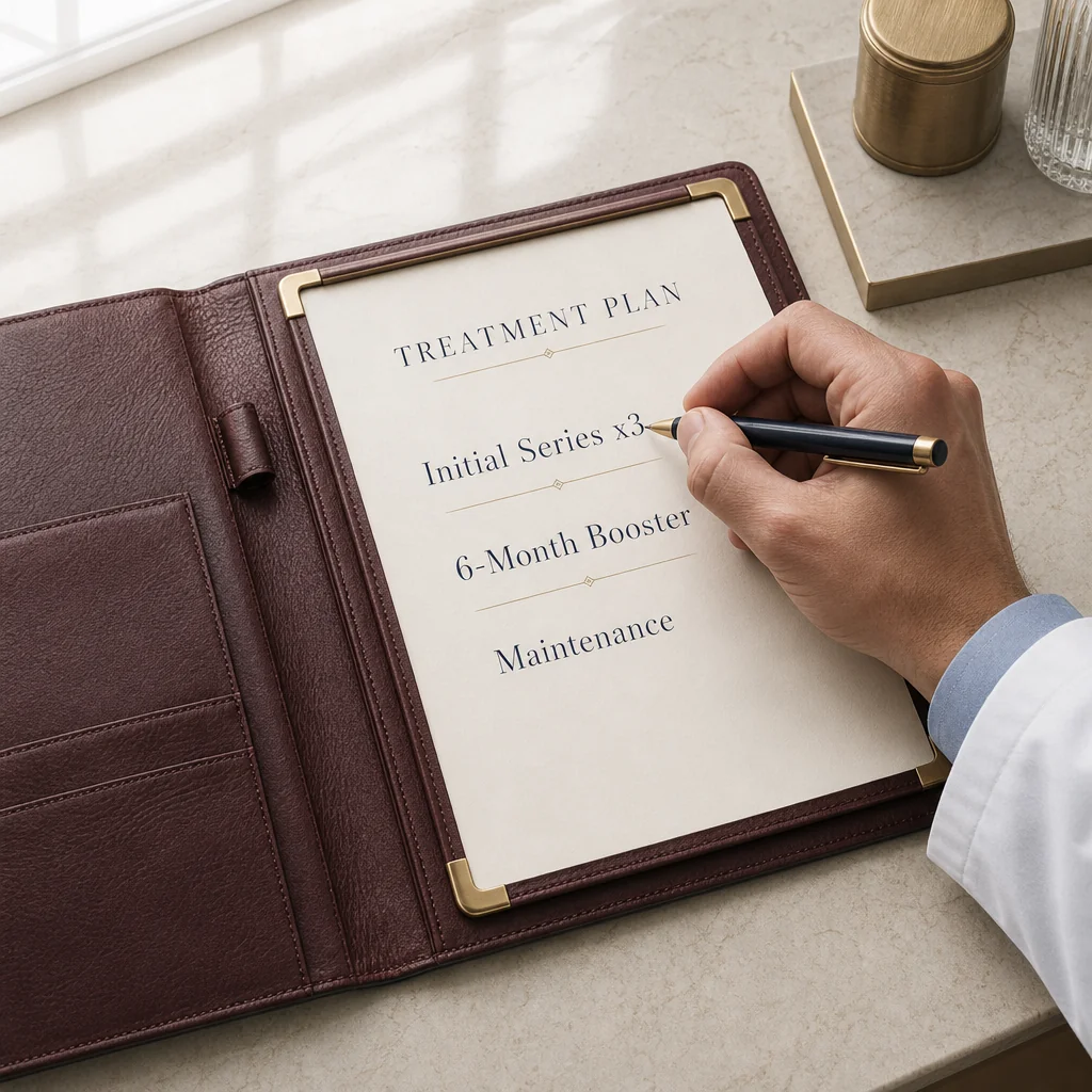 A physician's hand writing a PRP Hair Restoration treatment plan on a leather portfolio with sections for the session, follow-up check, and reversal plan
