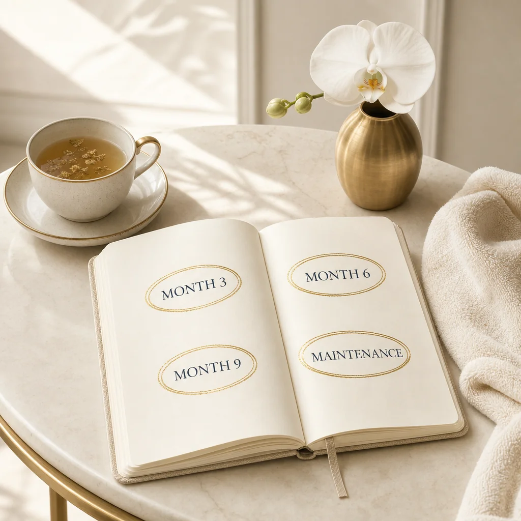 A planner with Week 4, Week 8, Week 12, and 12-18 Months circled in gold ink, beside herbal tea and a white orchid — the PRP Hair Restoration build-up timeline
