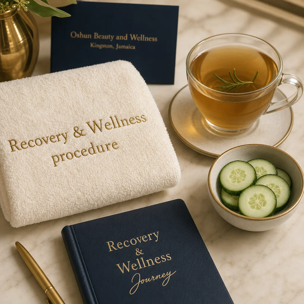 Reference materials and a Recovery & Wellness care plan in a leather portfolio at the Oshun clinic in Kingston, Jamaica