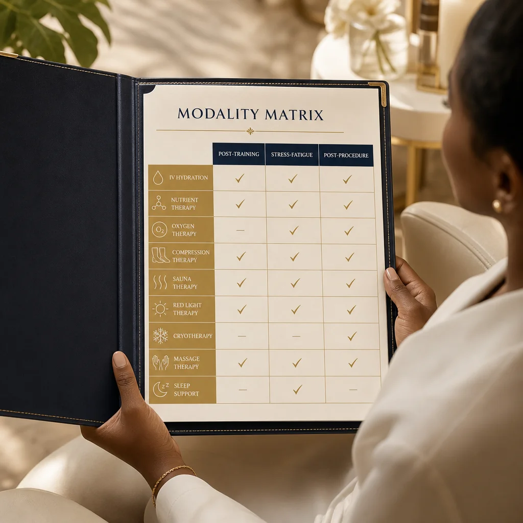 A Recovery & Wellness treatment plan written by hand on a leather portfolio at the Oshun clinic in Kingston, Jamaica