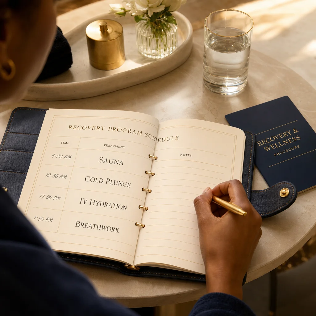 A leather-bound planner tracking the Recovery & Wellness recovery and follow-up schedule at Oshun in Kingston, Jamaica