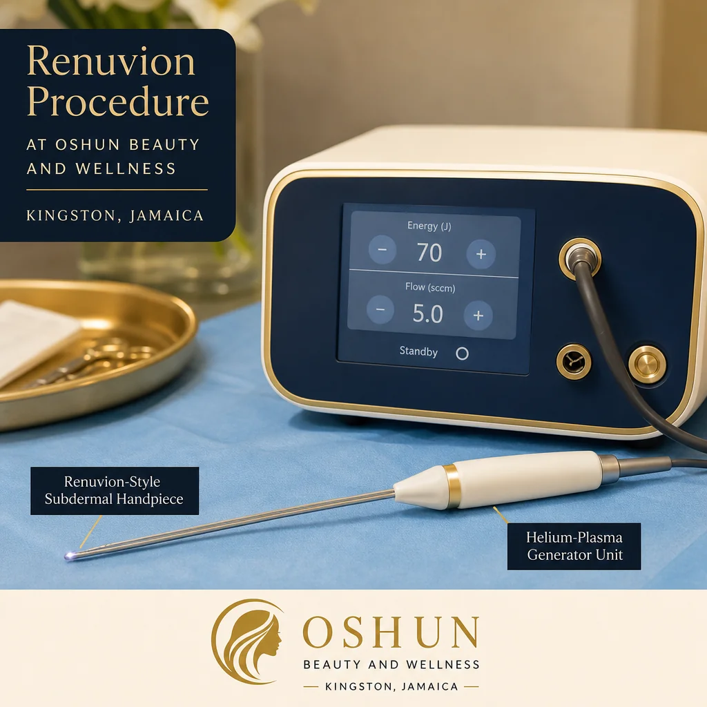 Reference materials and a Renuvion care plan in a leather portfolio at the Oshun clinic in Kingston, Jamaica