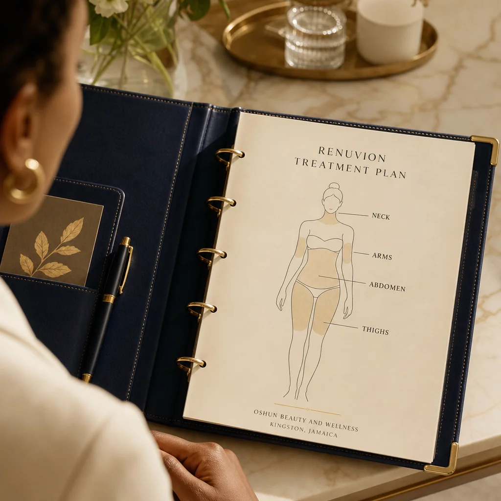 A Renuvion treatment plan written by hand on a leather portfolio at the Oshun clinic in Kingston, Jamaica