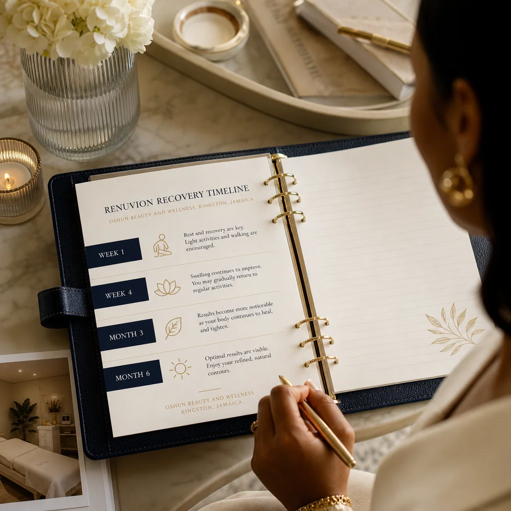 A leather-bound planner tracking the Renuvion recovery and follow-up schedule at Oshun in Kingston, Jamaica