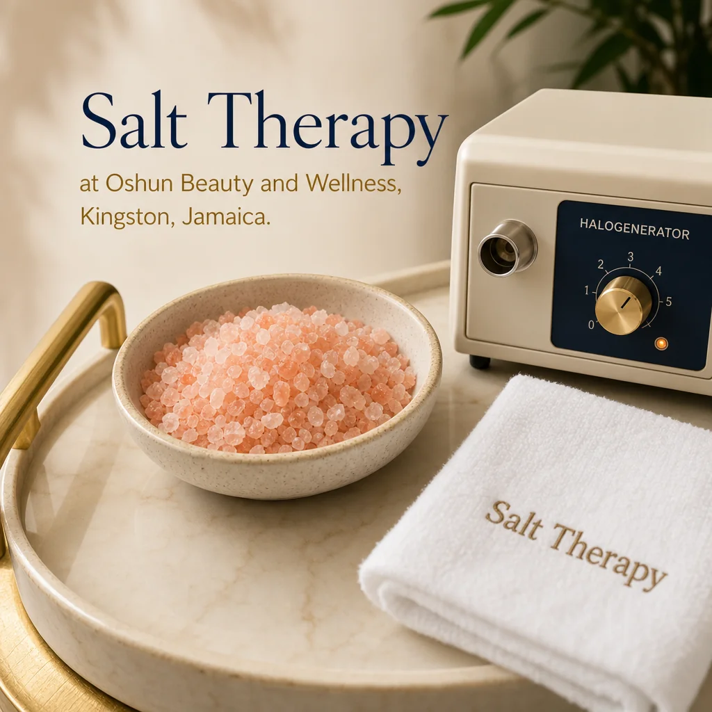 Reference materials and a Salt Therapy care plan in a leather portfolio at the Oshun clinic in Kingston, Jamaica