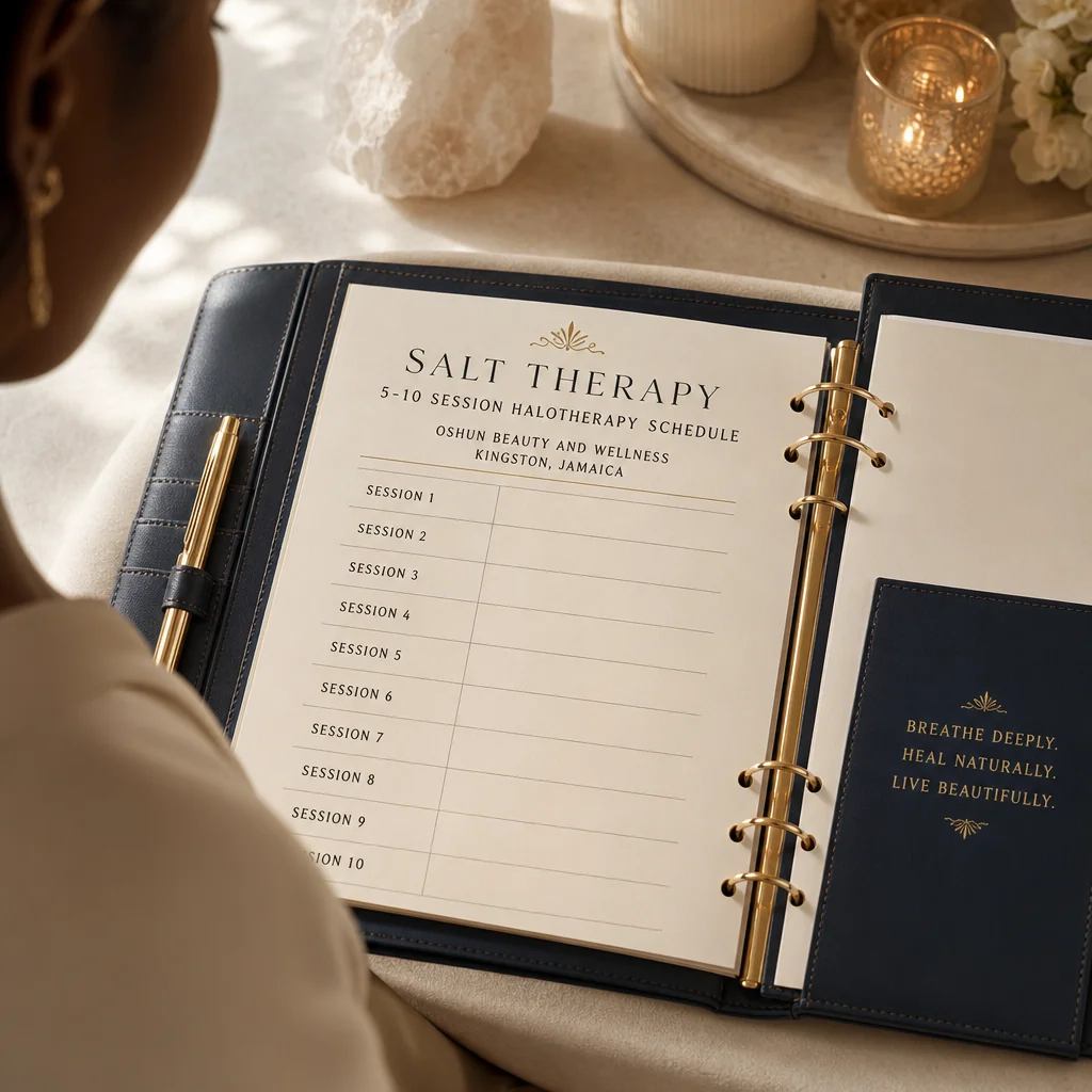 A leather-bound planner tracking the Salt Therapy recovery and follow-up schedule at Oshun in Kingston, Jamaica