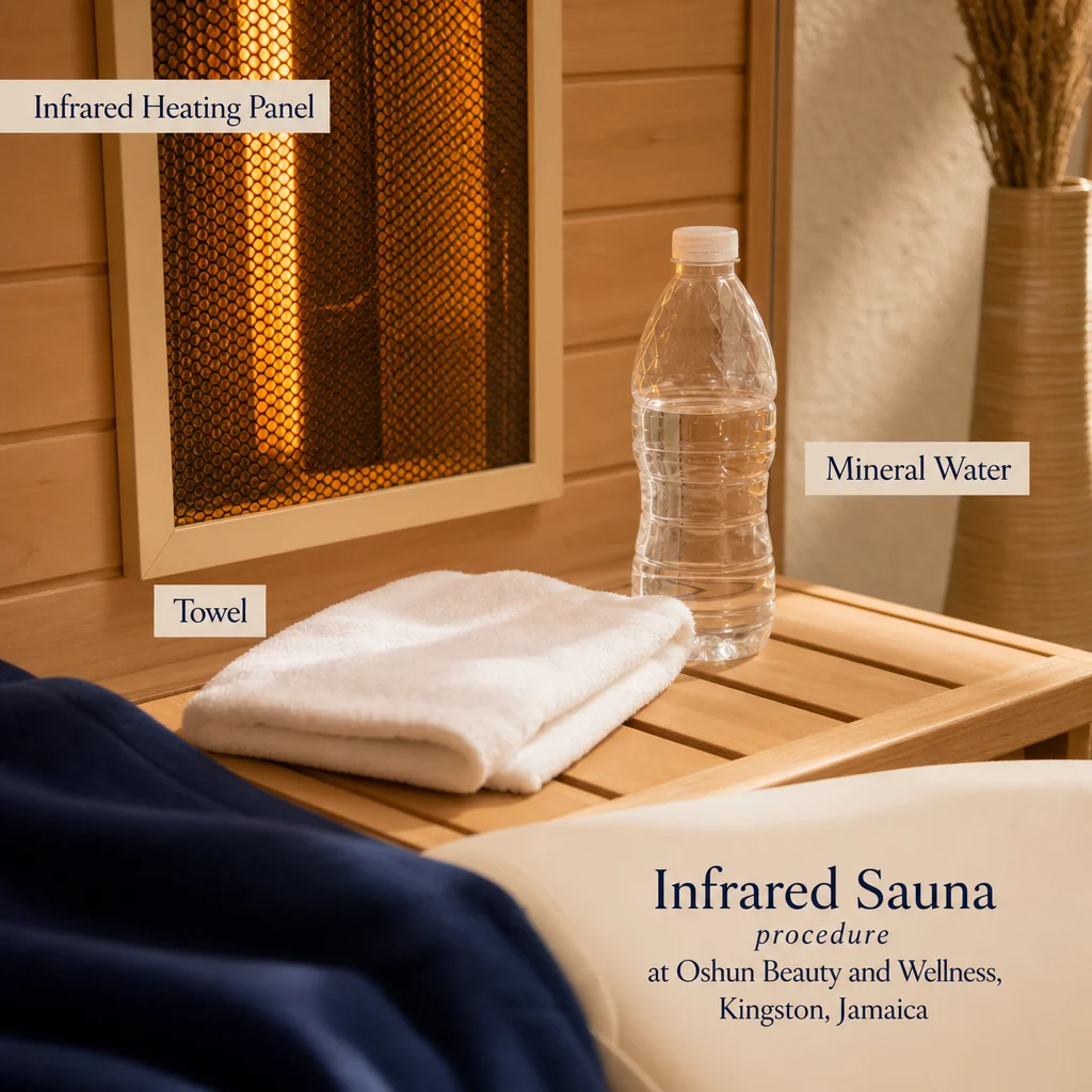 Reference materials and a Infrared Sauna care plan in a leather portfolio at the Oshun clinic in Kingston, Jamaica