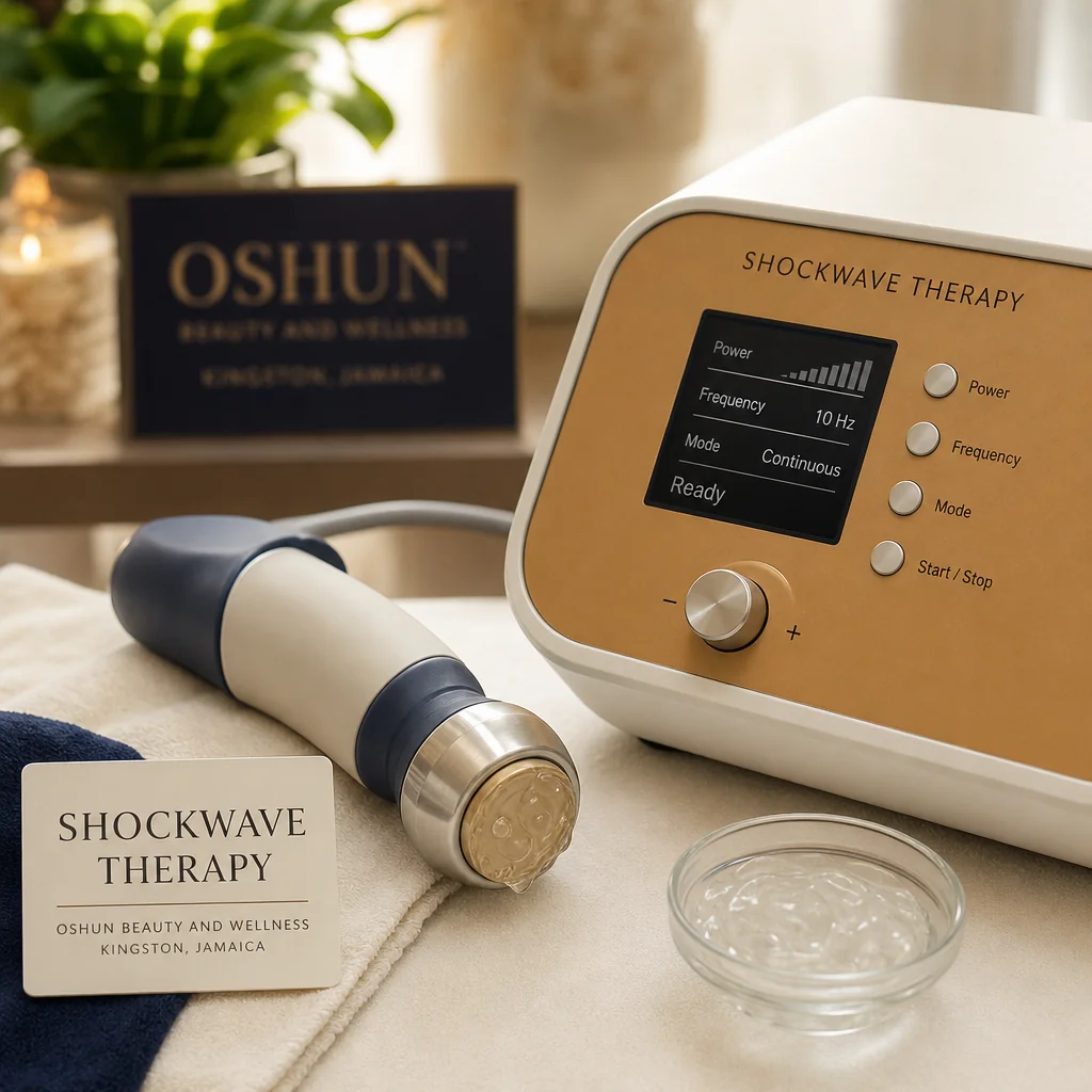 Reference materials and a Shockwave Therapy care plan in a leather portfolio at the Oshun clinic in Kingston, Jamaica