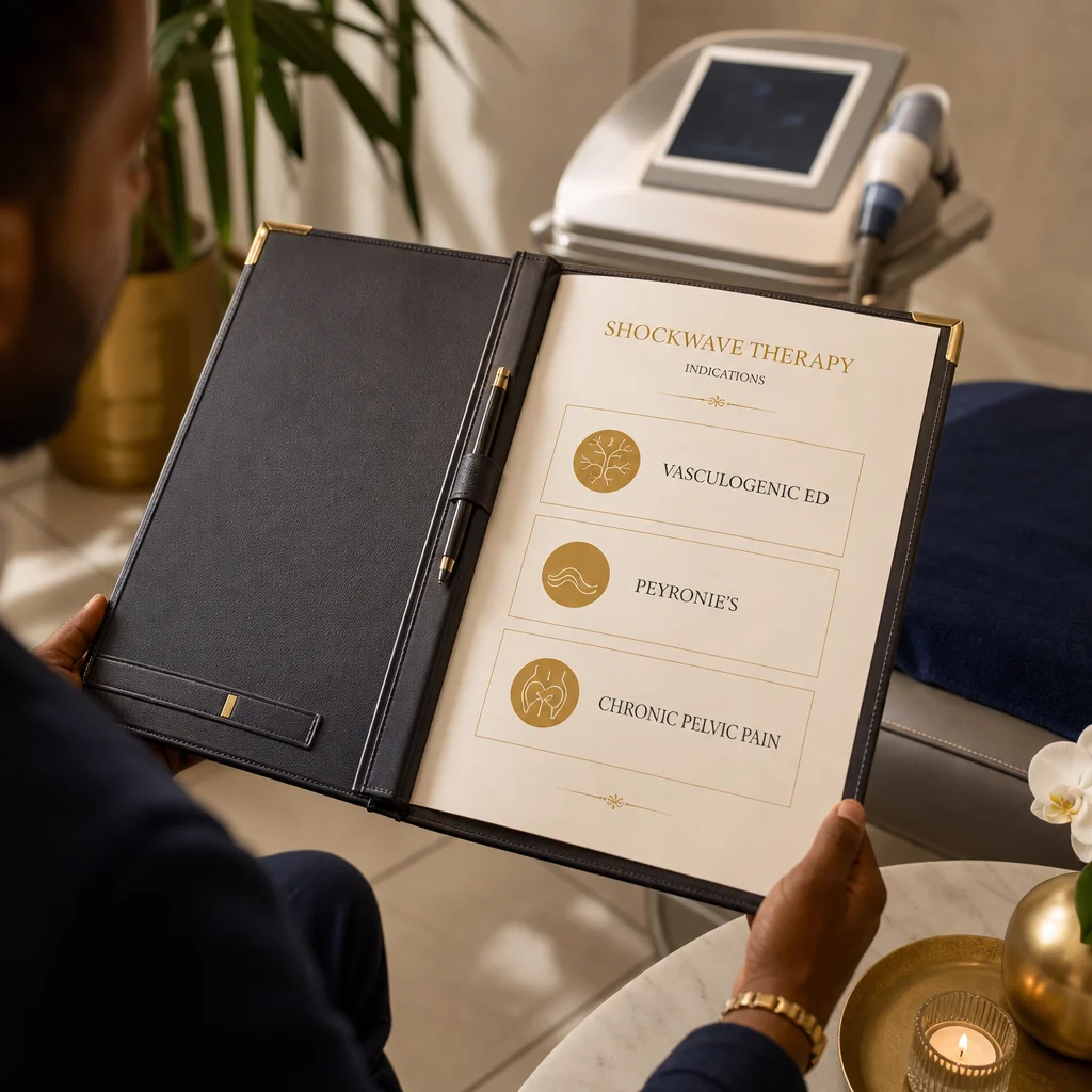 A Shockwave Therapy treatment plan written by hand on a leather portfolio at the Oshun clinic in Kingston, Jamaica
