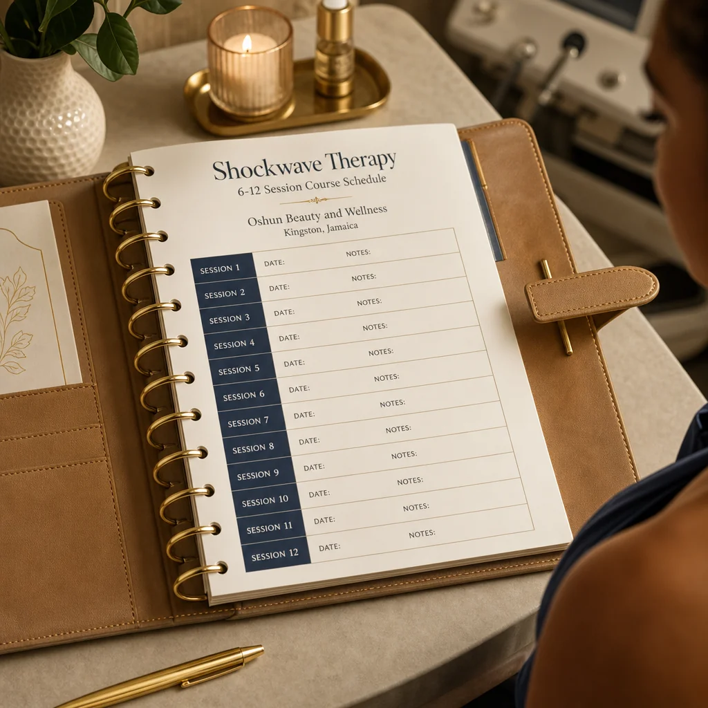 A leather-bound planner tracking the Shockwave Therapy recovery and follow-up schedule at Oshun in Kingston, Jamaica