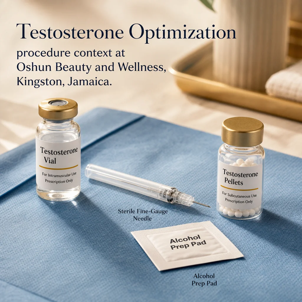Reference materials and a Testosterone Optimization care plan in a leather portfolio at the Oshun clinic in Kingston, Jamaica