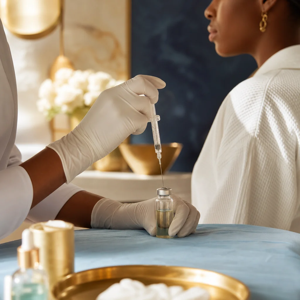 Physician's gloved hands during a Testosterone Optimization appointment at the Oshun clinic in Kingston, Jamaica