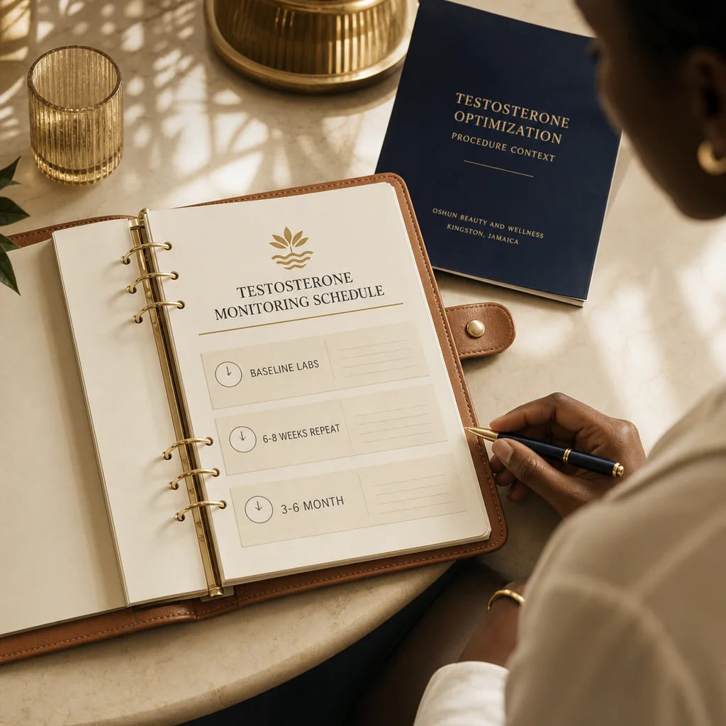 A leather-bound planner tracking the Testosterone Optimization recovery and follow-up schedule at Oshun in Kingston, Jamaica