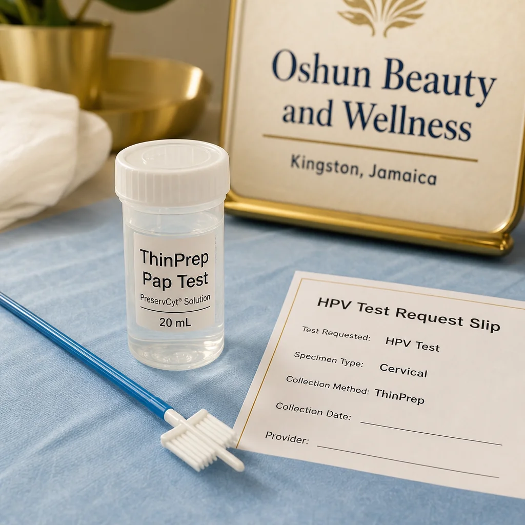 Reference materials and a ThinPrep Pap Test care plan in a leather portfolio at the Oshun clinic in Kingston, Jamaica