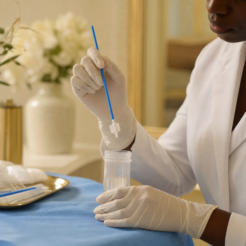 Physician's gloved hands during a ThinPrep Pap Test appointment at the Oshun clinic in Kingston, Jamaica