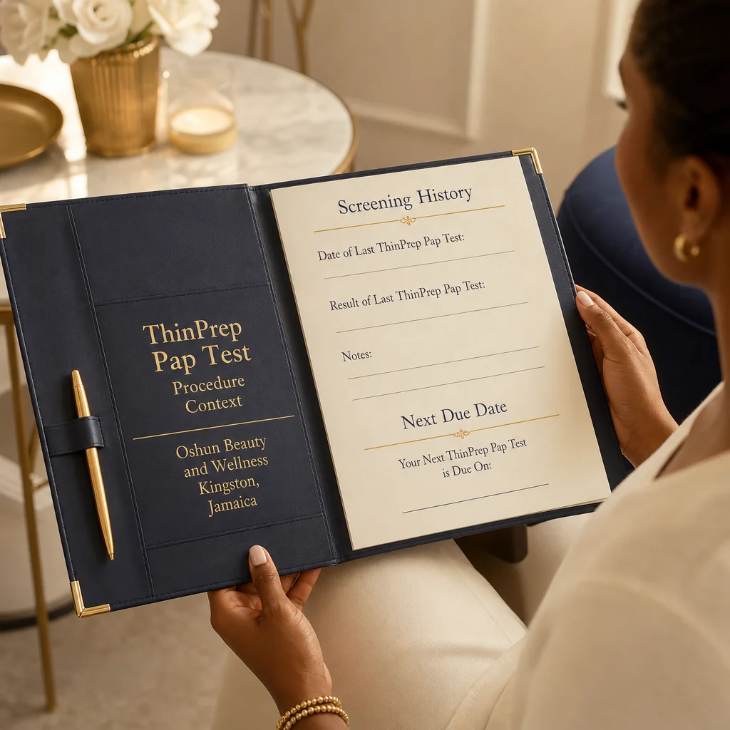 A ThinPrep Pap Test treatment plan written by hand on a leather portfolio at the Oshun clinic in Kingston, Jamaica