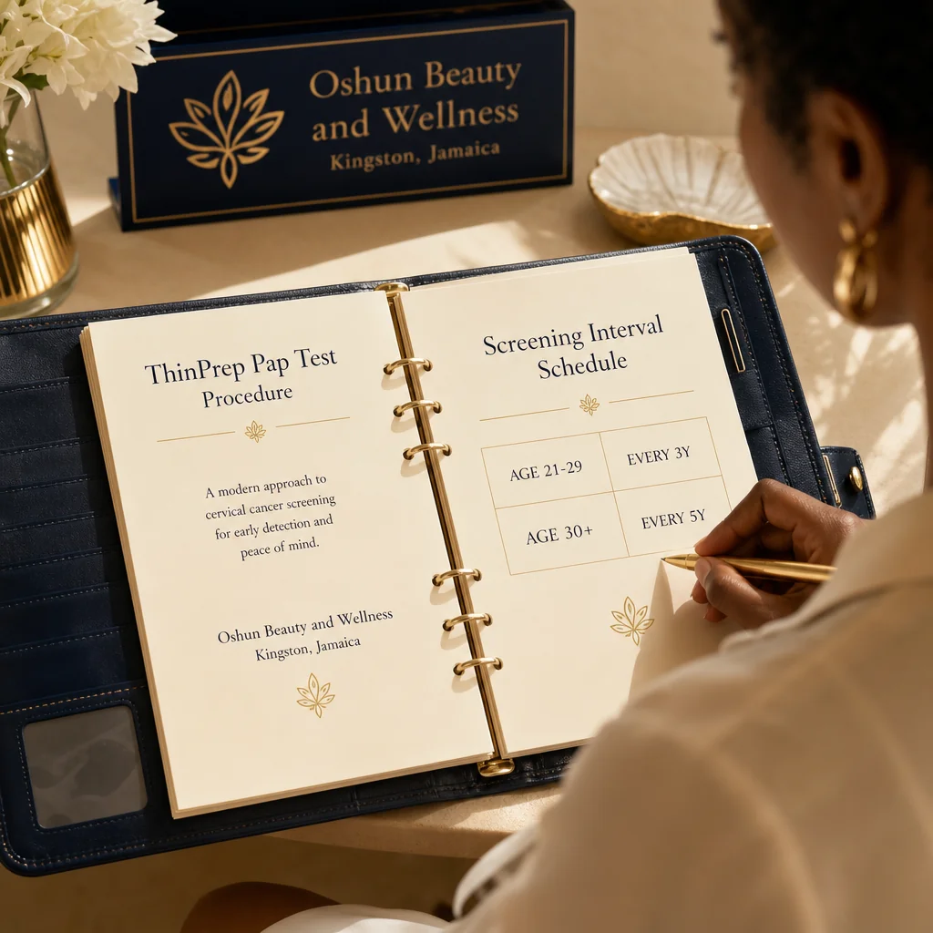 A leather-bound planner tracking the ThinPrep Pap Test recovery and follow-up schedule at Oshun in Kingston, Jamaica