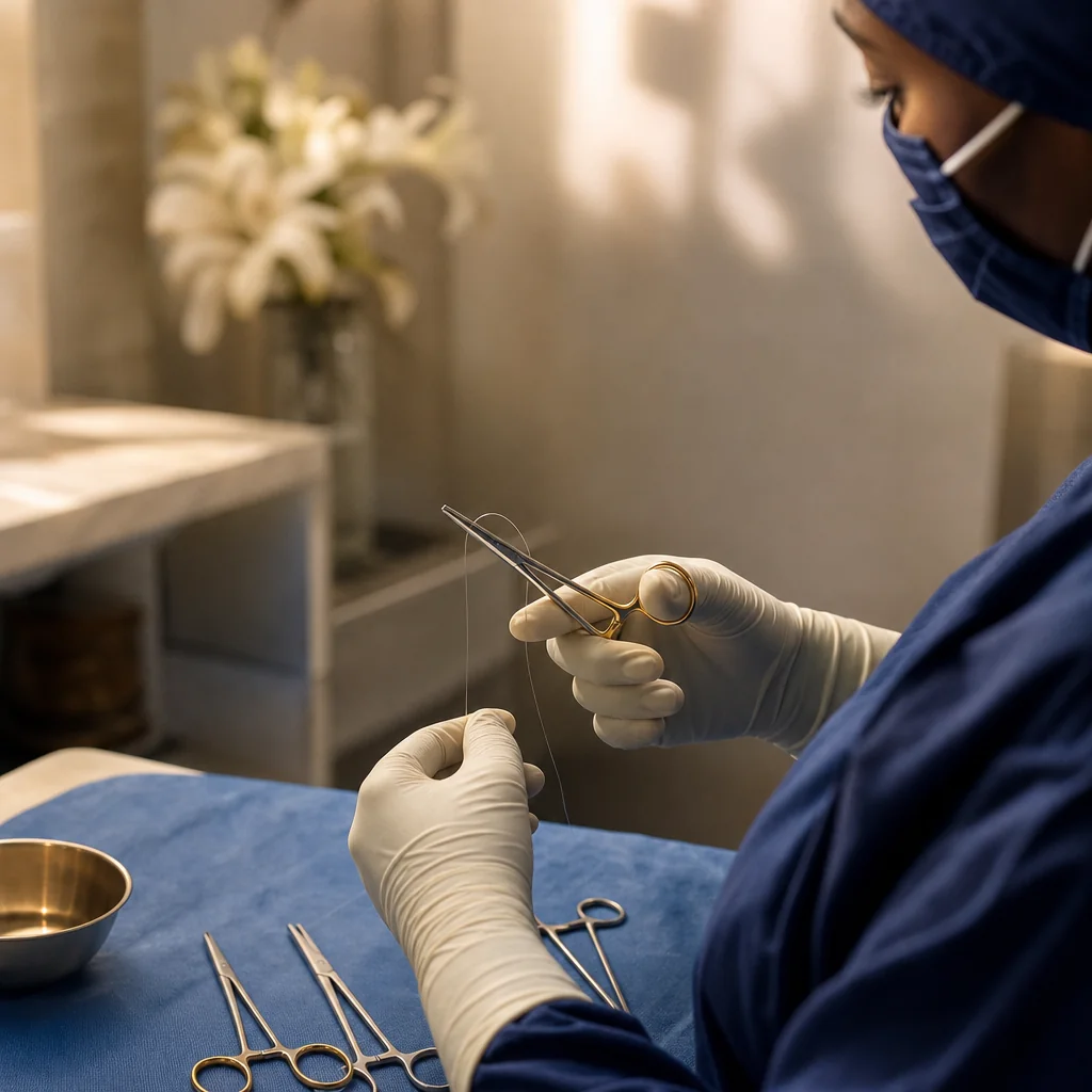 Physician's gloved hands during a Vaginoplasty appointment at the Oshun clinic in Kingston, Jamaica
