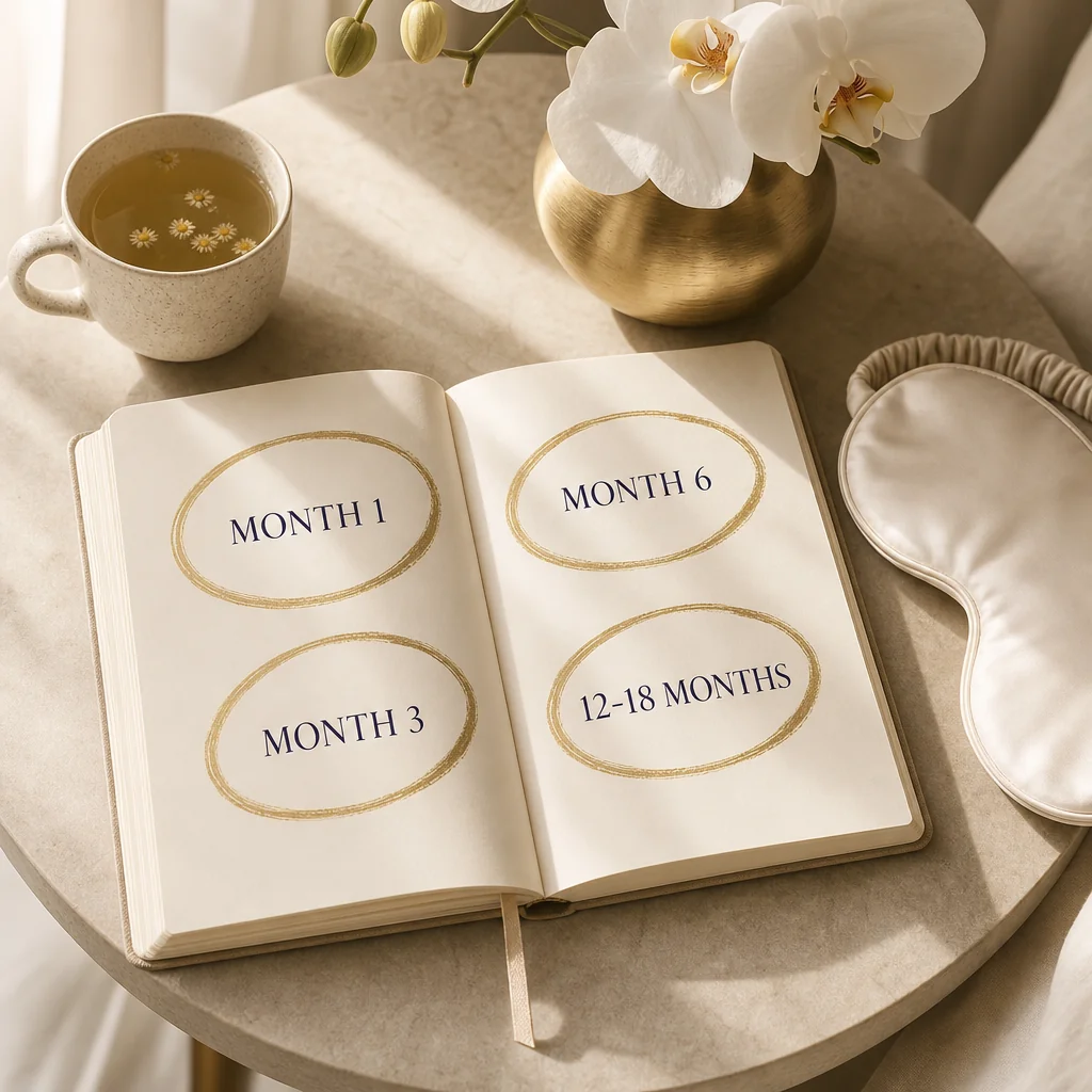A leather-bound planner open on a cream desk with Immediate, 2 Weeks, 6 Months, and 12-18 Months circled in gold ink, beside herbal tea and a white orchid
