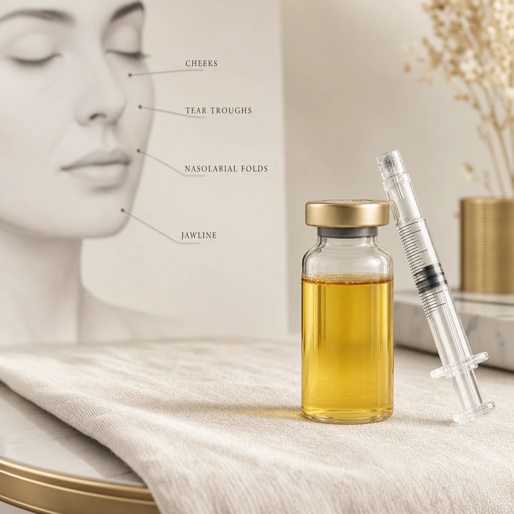 Clear-plastic Vampire Facelift dermal-filler syringe beside a face diagram labeling the five treatment areas at the Oshun clinic in Kingston, Jamaica